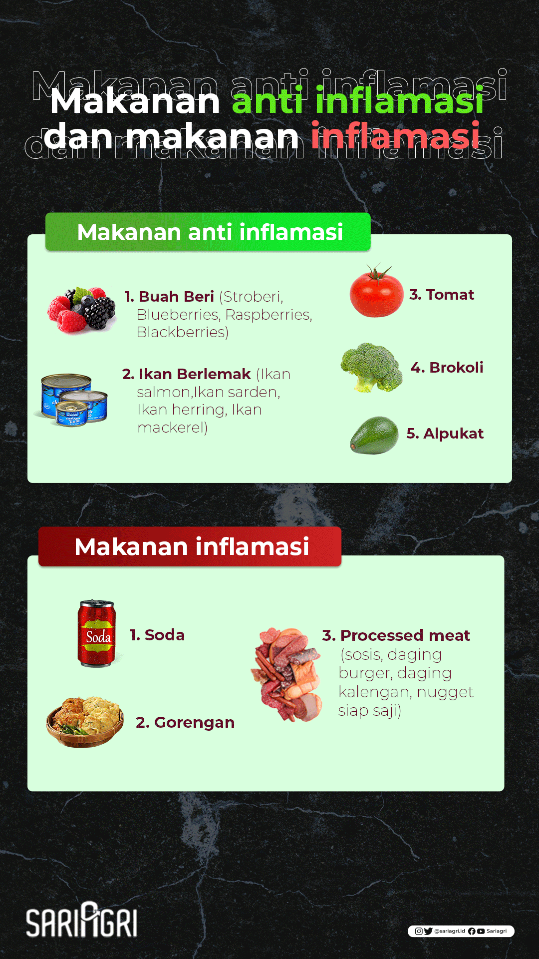 Jenis-jenis Makanan Anti Inflamasi dan Makanan Inflamasi. (Sariagri/Faisal)