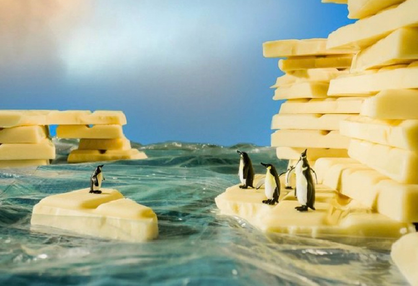 Potongan cokelat putih yang disusun ke atas terlihat seperti tumpukan es di kutub utara saja ya! Makanan ini mendefinisikan rumah para penguin yang hampir meleleh karena pemanasan global. Foto: Instagram @tinywasteland