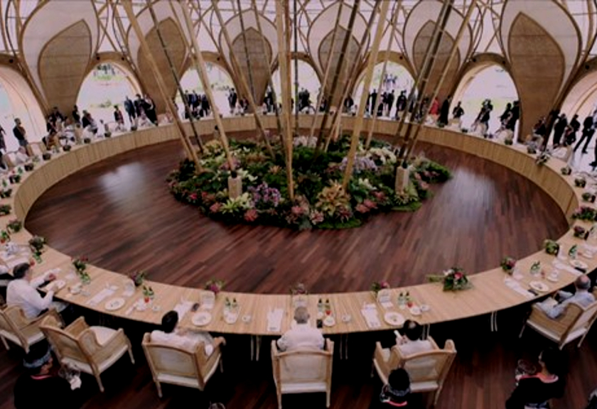 Bamboo dome, bangunan bambu tempat makan siang pimpinan G20. (Tangkapan Layar Kanal YouTube Setpres/BPMI)